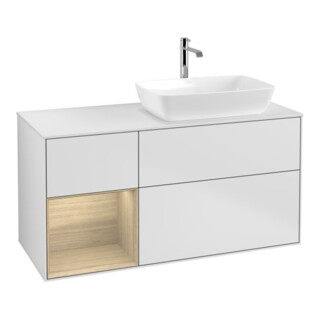 V&B Meuble sous lavabo Finion 120 cm, blanc mat, avec tiroir ouvert, blanc mat laqué