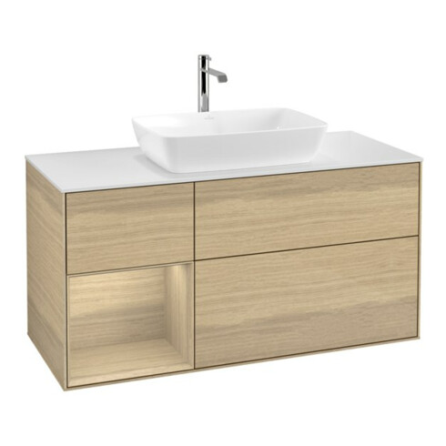 V&B Meuble sous lavabo Finion 120 cm, blanc mat, avec tiroir ouvert, ouvert