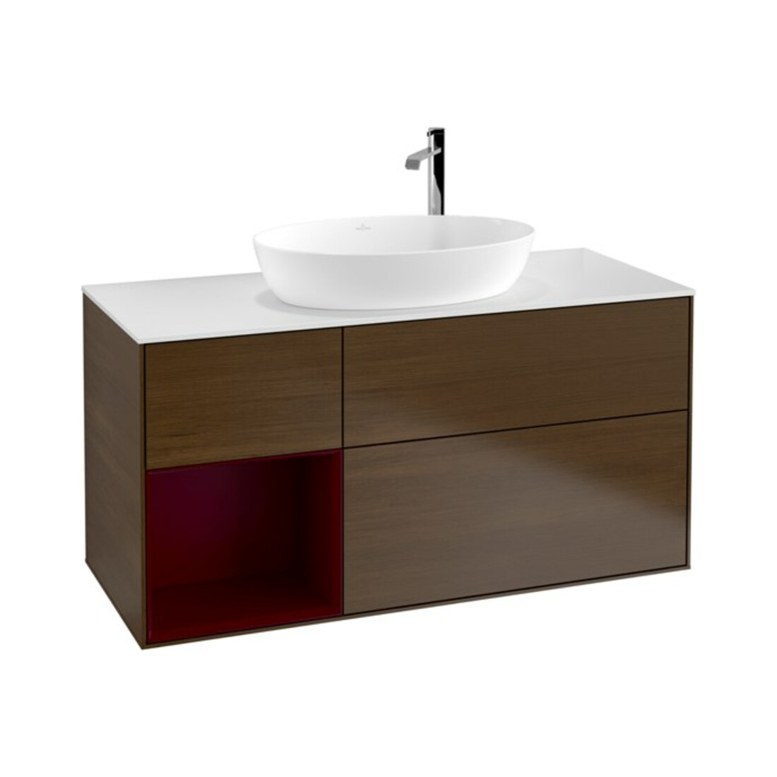 V&B Meuble sous lavabo Finion 120 cm, blanc mat, avec tiroir, placage noyer veinée