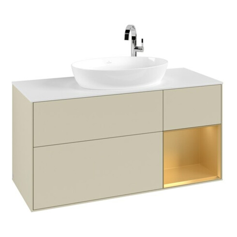 V&B Meuble sous lavabo Finion 120 cm, blanc mat, bord doré mat laqué, poignée gris mat laqué