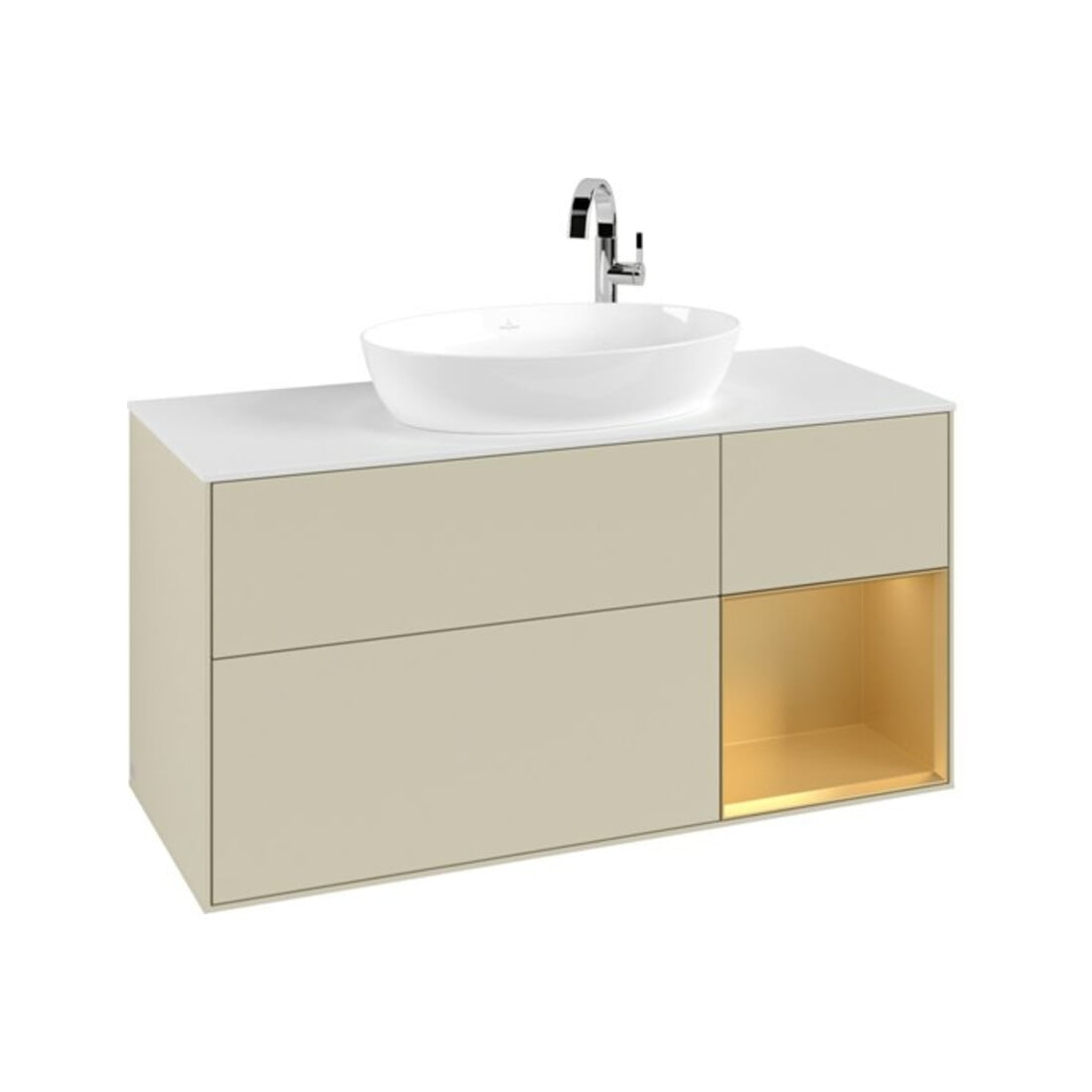 V&B Meuble sous lavabo Finion 120 cm, blanc mat, bord doré mat laqué, poignée gris mat laqué