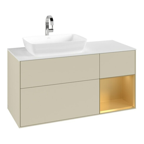 V&B Meuble sous lavabo Finion 120 cm, blanc mat, chêne doré mat laqué, gris mat laqué