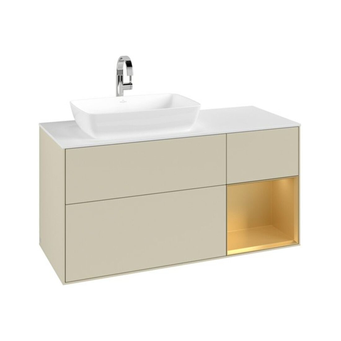 V&B Meuble sous lavabo Finion 120 cm, blanc mat, chêne doré mat laqué, gris mat laqué