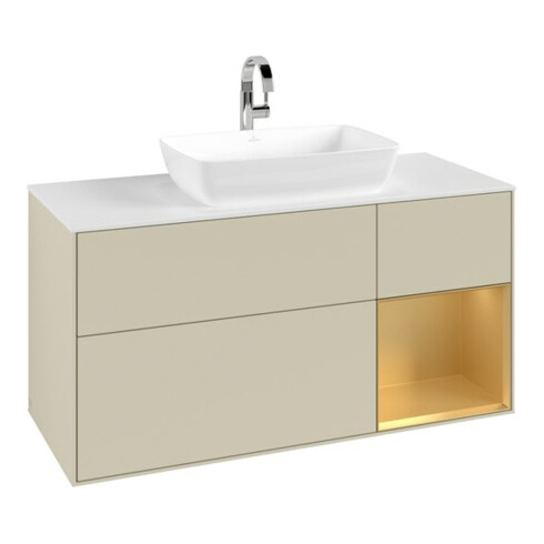 V&B Meuble sous-lavabo Finion 120 cm, blanc mat, chêne doré mat laqué, gris soie mat laqué