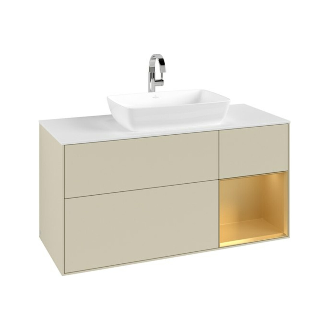 V&B Meuble sous-lavabo Finion 120 cm, blanc mat, chêne doré mat laqué, gris soie mat laqué