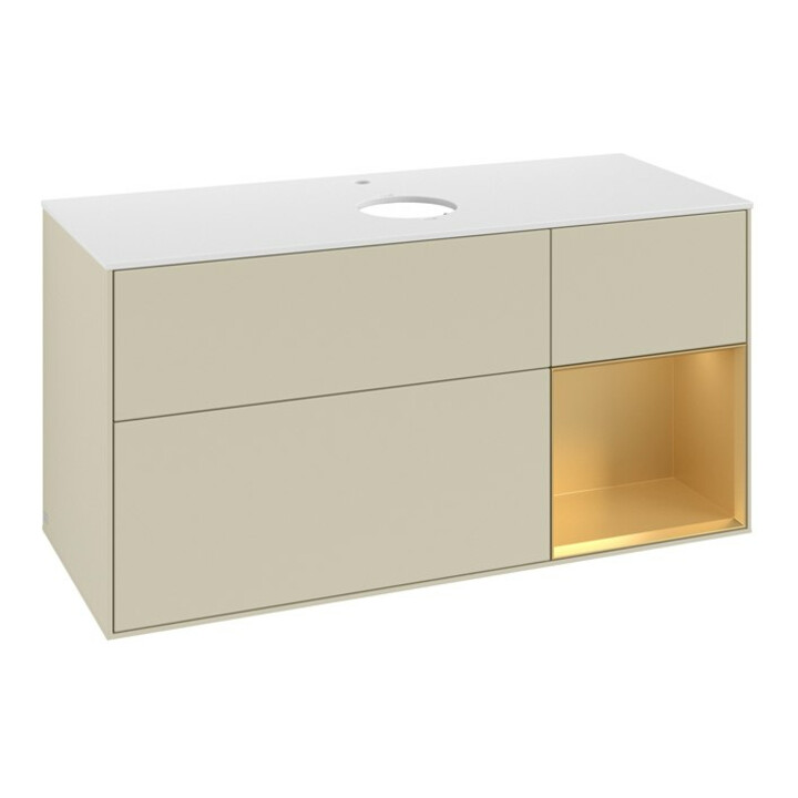 V&B Meuble sous-lavabo Finion 120 cm, blanc mat, chêne doré mat laqué, gris soie mat laqué