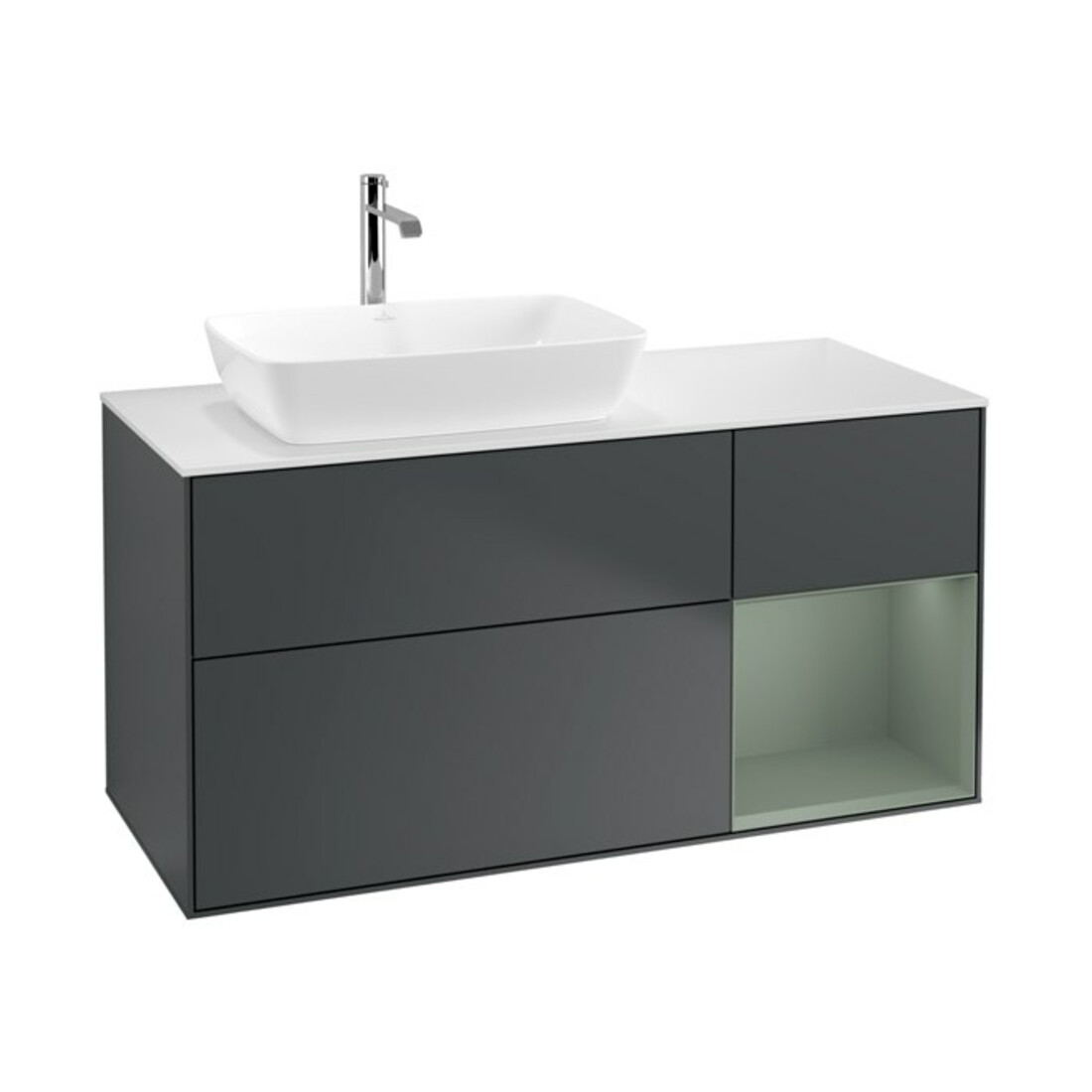 V&B Meuble sous lavabo Finion 120 cm, blanc mat, chêne naturel mat laqué, poignée bleue laquée