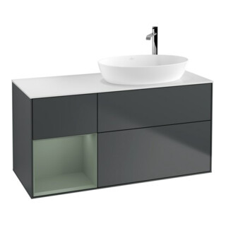 V&B Meuble sous lavabo Finion 120 cm, blanc mat, chêne naturel mat laqué, poignée bleue mat laquée