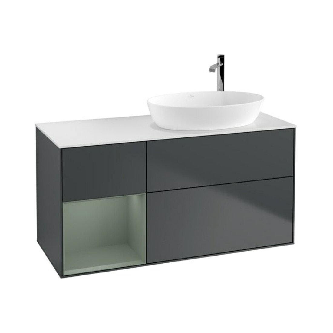 V&B Meuble sous lavabo Finion 120 cm, blanc mat, chêne naturel mat laqué, poignée bleue mat laquée