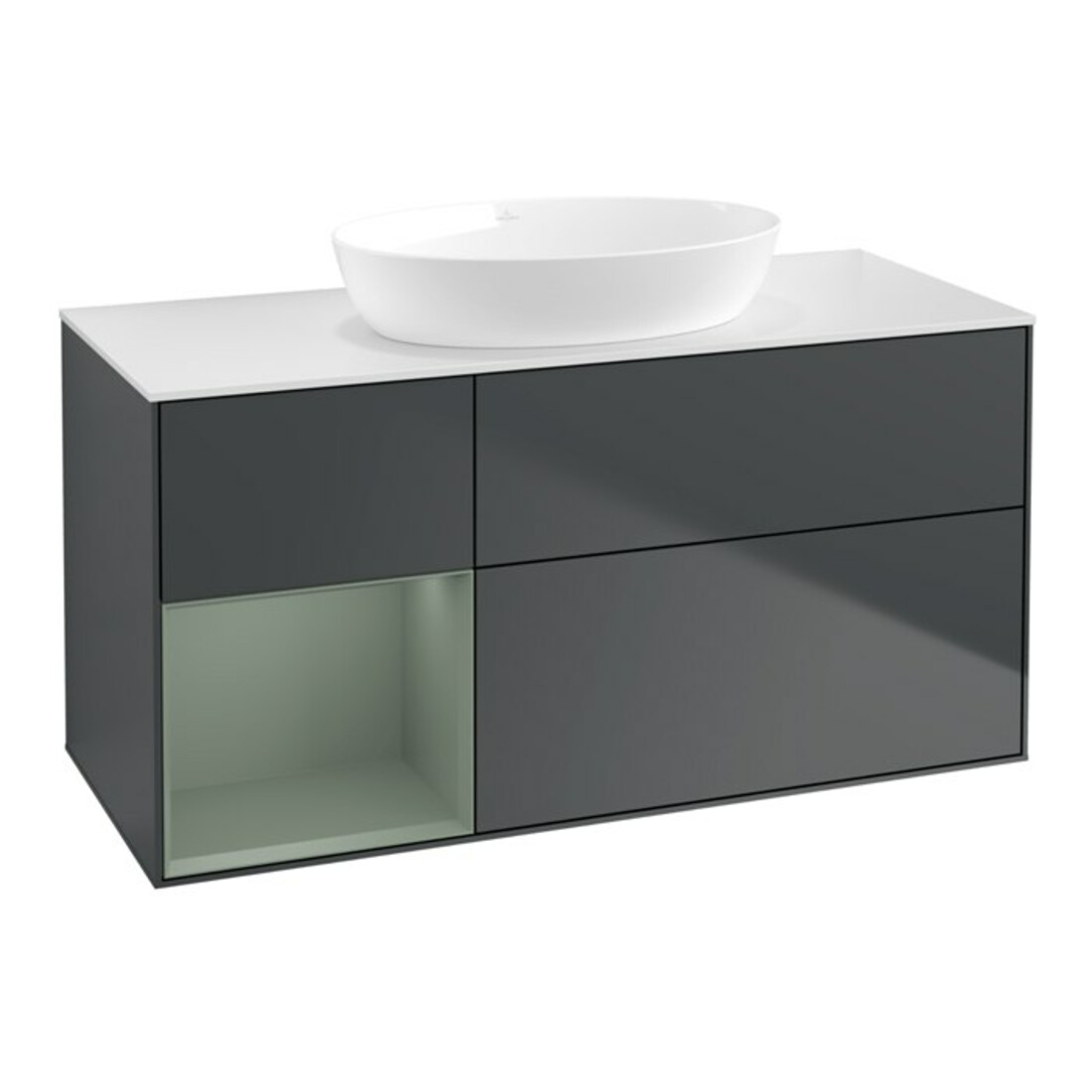 V&B Meuble sous lavabo Finion 120 cm, blanc mat, chêne olivé mat laqué, poignée bleue laquée