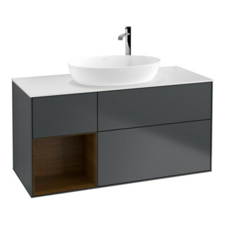 V&B Meuble sous lavabo Finion 120 cm, blanc mat, chêne sauvage, façade bleu mat, laqué