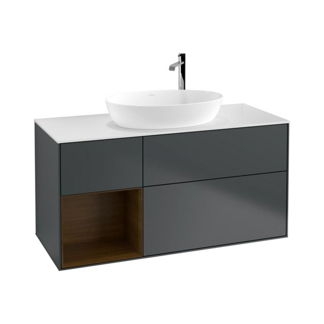 V&B Meuble sous lavabo Finion 120 cm, blanc mat, chêne sauvage, façade bleu mat, laqué