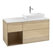 V&B Meuble sous lavabo Finion 120 cm, blanc mat, chêne verni, poignée verni