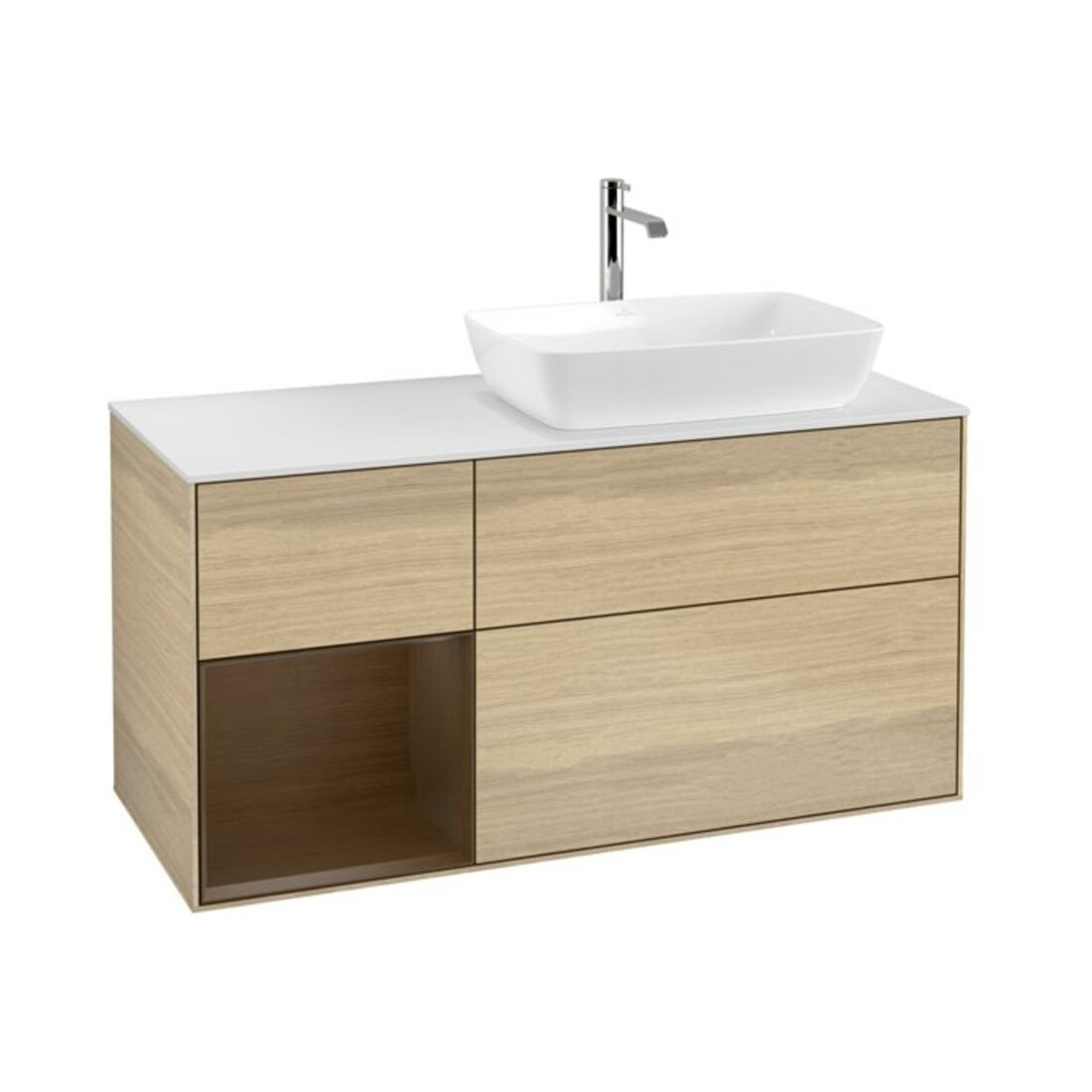 V&B Meuble sous lavabo Finion 120 cm, blanc mat, chêne verni, poignée verni