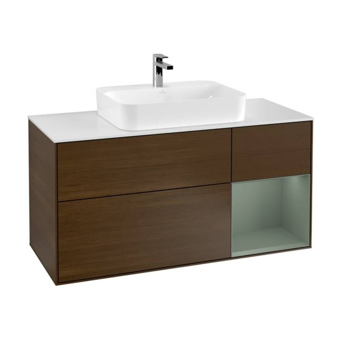 V&B Meuble sous lavabo Finion 120 cm, blanc mat, côté droit, huile avec laque, noyer veinée