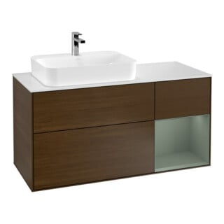 V&B Meuble sous-lavabo Finion 120 cm, blanc mat, côté droit, olivier avec laque, noyer veinée