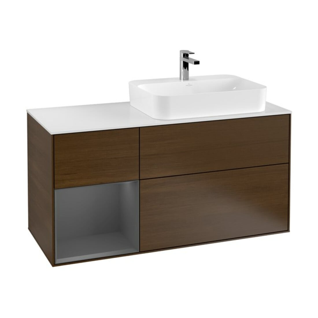 V&B Meuble sous lavabo Finion 120 cm, blanc mat, côté gauche, anthracite mat, effet bois