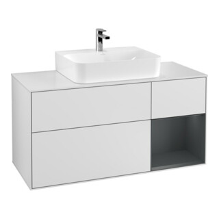 V&B Meuble sous lavabo Finion 120 cm, blanc mat, éclairage mural, laqué blanc