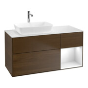V&B Meuble sous lavabo Finion 120 cm, blanc mat, éclairage mural, laqué, noyer veneer