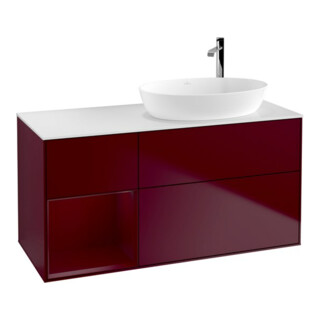 V&B Meuble sous lavabo Finion 120 cm, blanc mat, éclairage mural, porte avec laque, poignée métallique