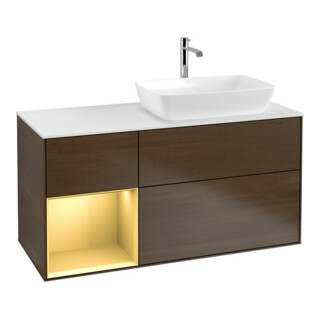 V&B Meuble sous lavabo Finion 120 cm, blanc mat, éclairage mural, réglette or mat, noyer veinée