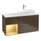 V&B Meuble sous lavabo Finion 120 cm, blanc mat, éclairage mural, réglette or mat, noyer veinée-1