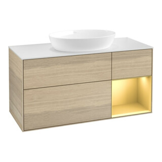 V&B Meuble sous-lavabo Finion 120 cm, blanc mat, éclairage mural, réglette or mat, Oa ven