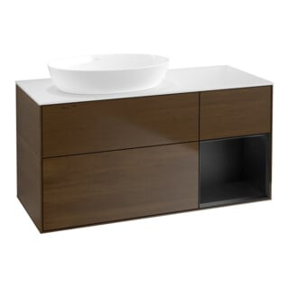 V&B Meuble sous-lavabo Finion 120 cm, blanc mat, éclairage mural, tiroir bleu mat, noyer veneer