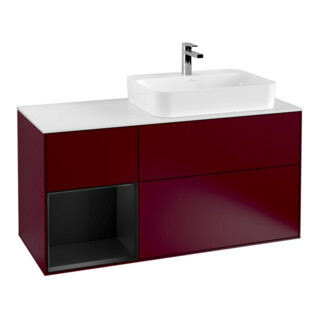 V&B Meuble sous-lavabo Finion 120 cm, blanc mat, éclairage mural, tiroir gauche bleu mat, poignée métal