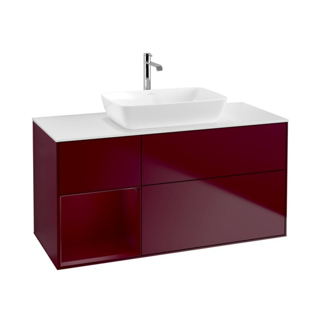 V&B Meuble sous lavabo Finion 120 cm, blanc mat, éclairage mural, tiroir laqué mat Peo