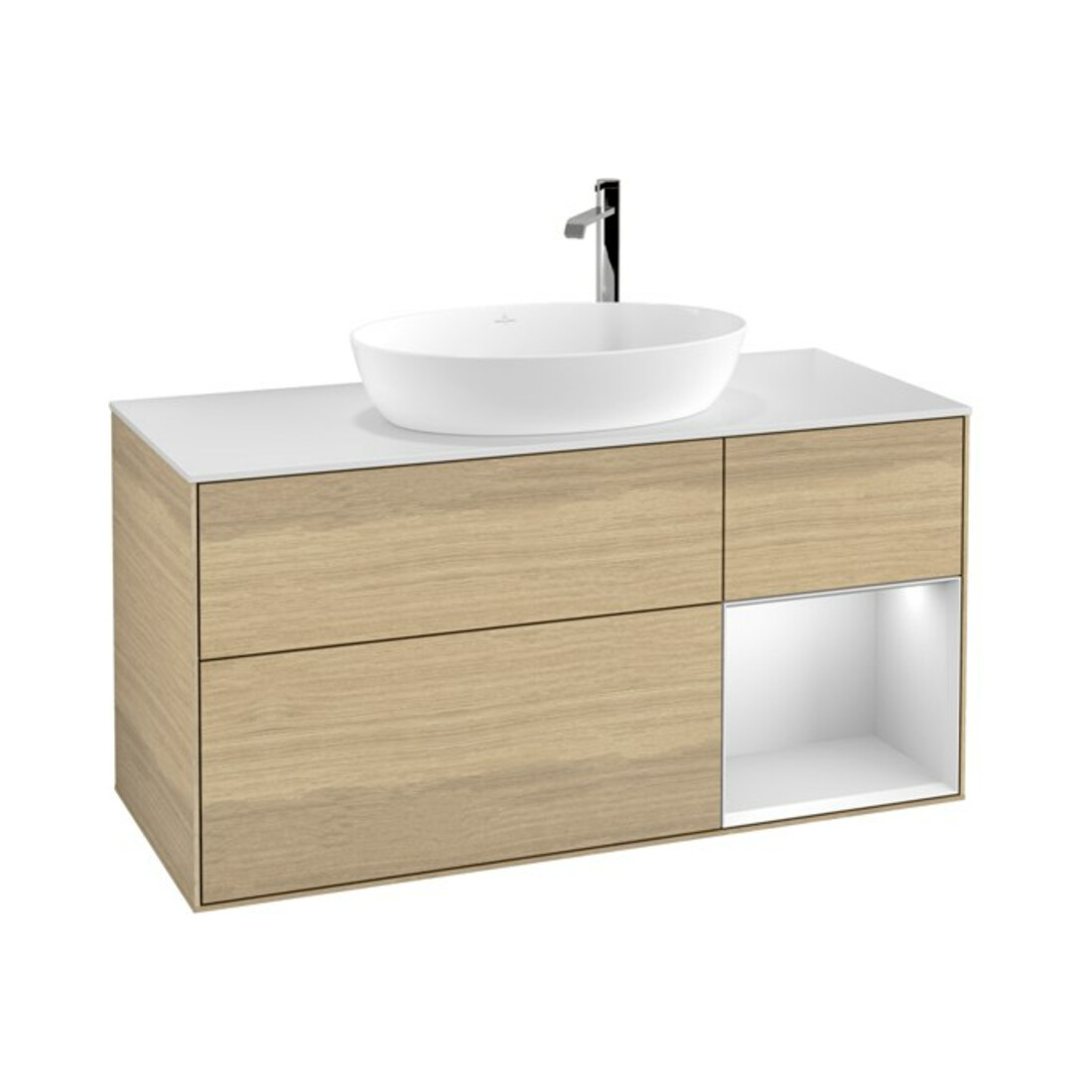 V&B Meuble sous lavabo Finion 120 cm, blanc mat, étagère blanc mat laqué, éclairage mural