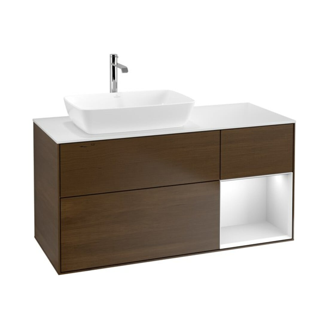 V&B Meuble sous-lavabo Finion 120 cm, blanc mat, étagère blanc mat laqué, placage noyer
