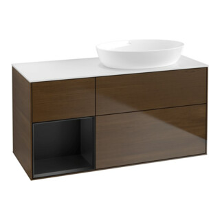 V&B Meuble sous lavabo Finion 120 cm, blanc mat, étagère bleue mate, noyer veiné