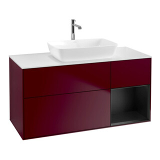 V&B Meuble sous lavabo Finion 120 cm, blanc mat, étagère bleue mate, poignée m