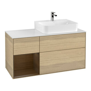 V&B Meuble sous lavabo Finion 120 cm, blanc mat, étagère gauche, éclairage mural