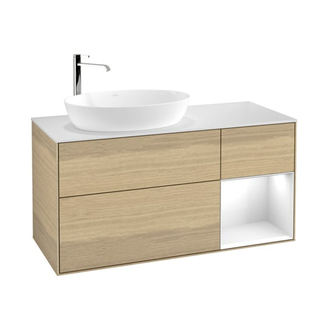 V&B Meuble sous lavabo Finion 120 cm, blanc mat, étagère globale blanc laqué, poignée ven
