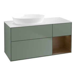 V&B Meuble sous lavabo Finion 120 cm, blanc mat, étagère noyer verni, poignée laquée