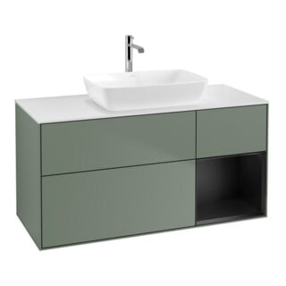 V&B Meuble sous-lavabo Finion 120 cm, blanc mat, façade bleue mate laquée, olivier mat laqué