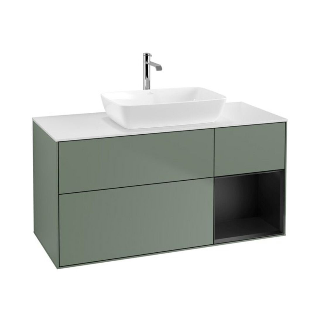 V&B Meuble sous-lavabo Finion 120 cm, blanc mat, façade bleue mate laquée, olivier mat laqué