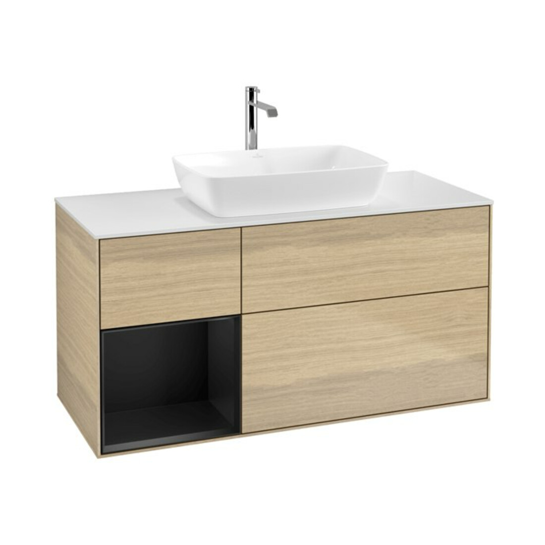 V&B Meuble sous lavabo Finion 120 cm, blanc mat, façade bleue mate laquée, poignée ven