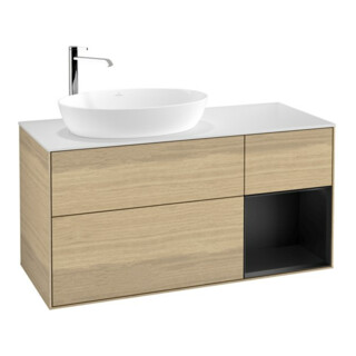 V&B Meuble sous lavabo Finion 120 cm, blanc mat, façade bleue mate laquée, poignée ven