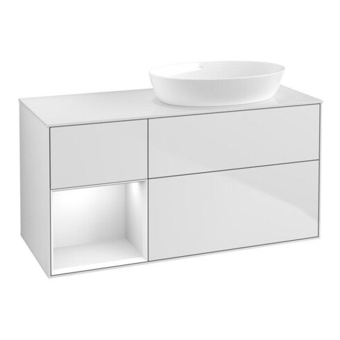 V&B Meuble sous lavabo Finion 120 cm, blanc mat, façade brillante blanche, laqué