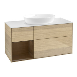 V&B Meuble sous lavabo Finion 120 cm, blanc mat, façade chêne verni, côté chêne verni