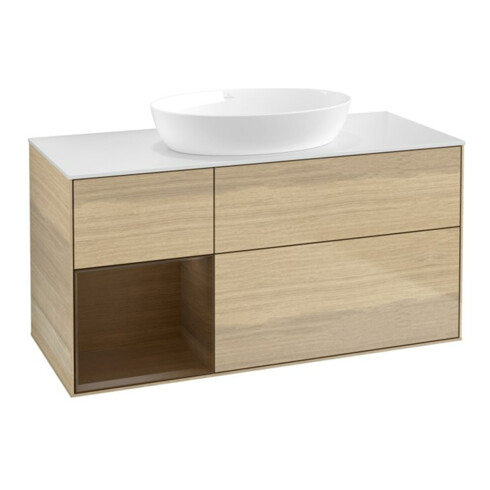 V&B Meuble sous lavabo Finion 120 cm, blanc mat, façade chêne verni, côté chêne verni