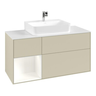 V&B Meuble sous lavabo Finion 120 cm, blanc mat, façade laquée gris clair mat