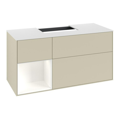 V&B Meuble sous lavabo Finion 120 cm, blanc mat, façade laquée gris clair mat