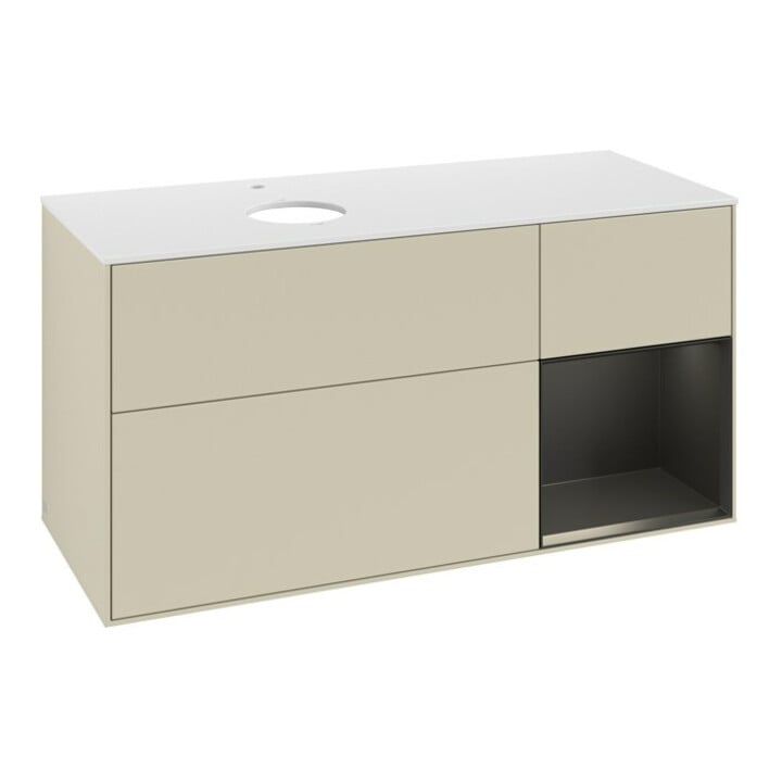 V&B Meuble sous lavabo Finion 120 cm, blanc mat, face bleue mat laqué, côtés gris mat laqué