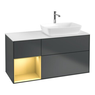 V&B Meuble sous lavabo Finion 120 cm, blanc mat, face grise mate laquée, avec plancher blanc laqué