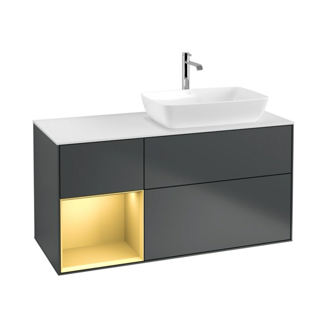 V&B Meuble sous lavabo Finion 120 cm, blanc mat, face grise mate laquée, avec plancher blanc laqué
