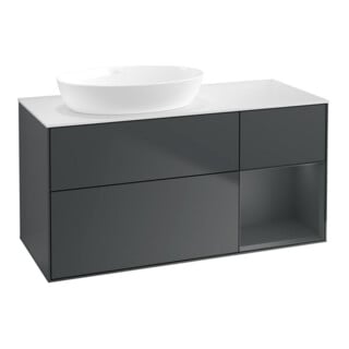 V&B Meuble sous-lavabo Finion 120 cm, blanc mat, face médaille mat laqué, médaille bleue mat laqué